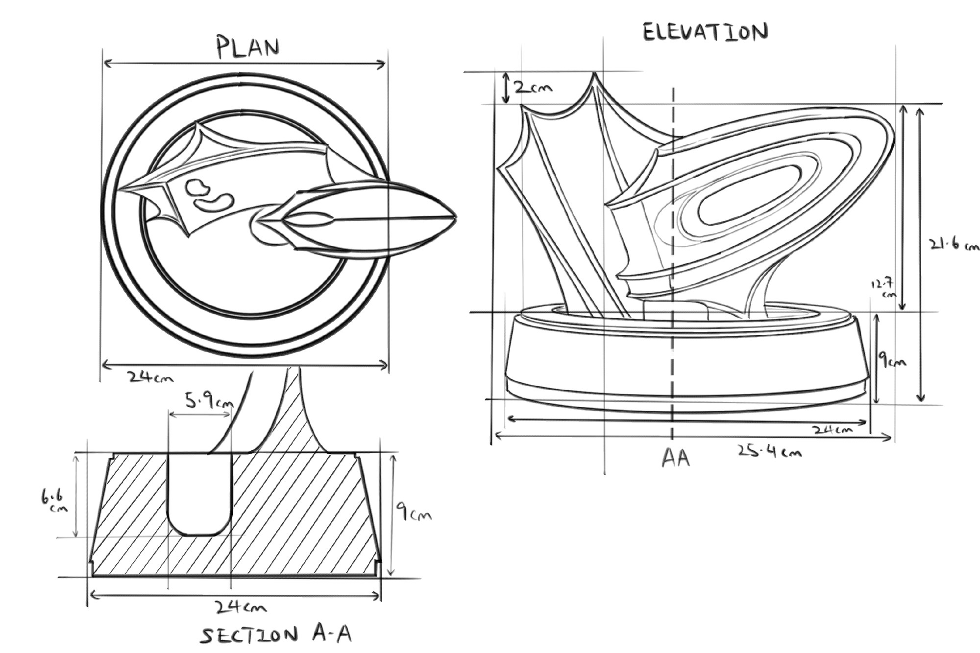 Project Axiom plan, elevation, and section drawing with dimensions