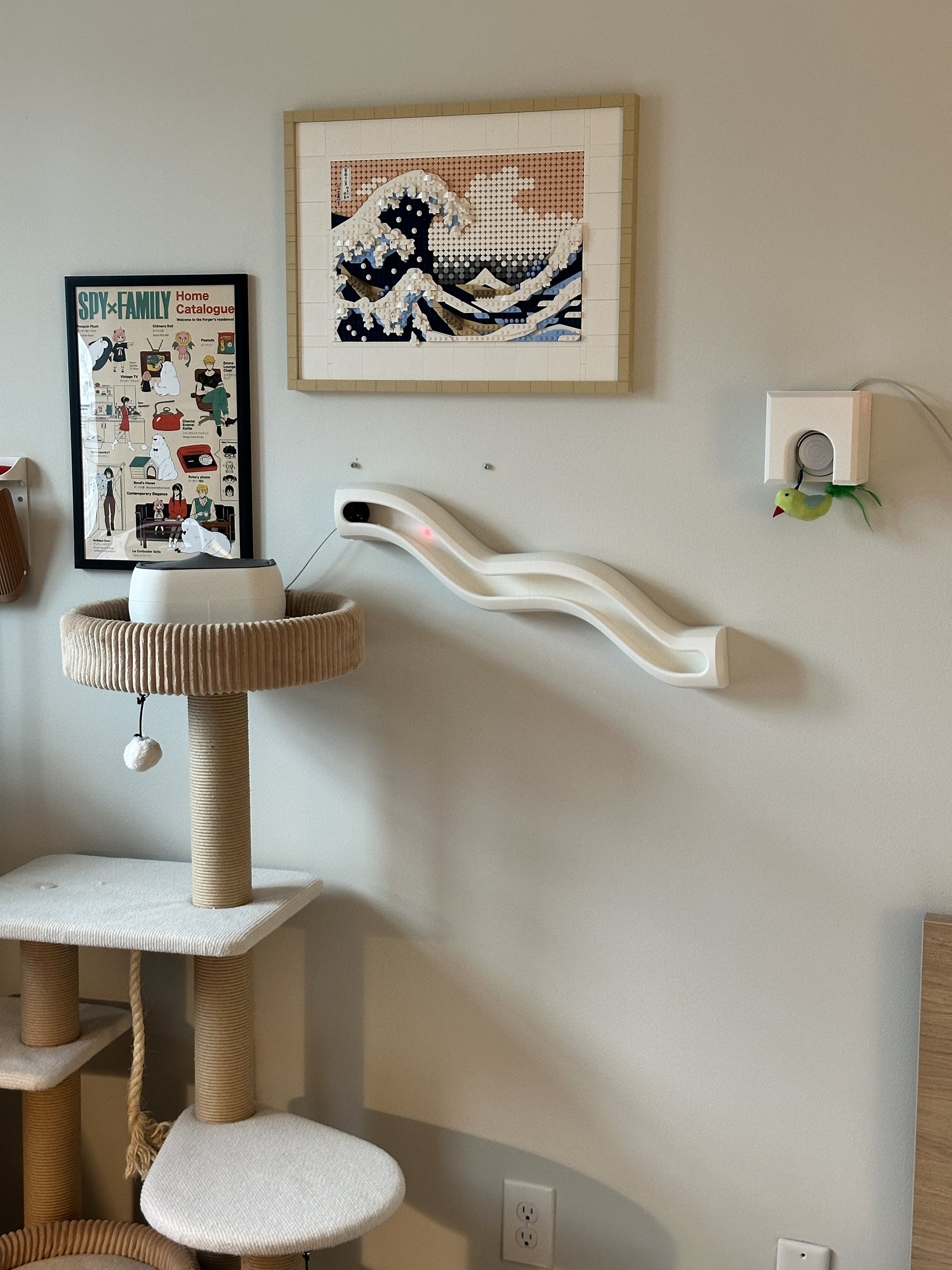 Complete HUNT system installed beside an existing cat tower in a compact apartment