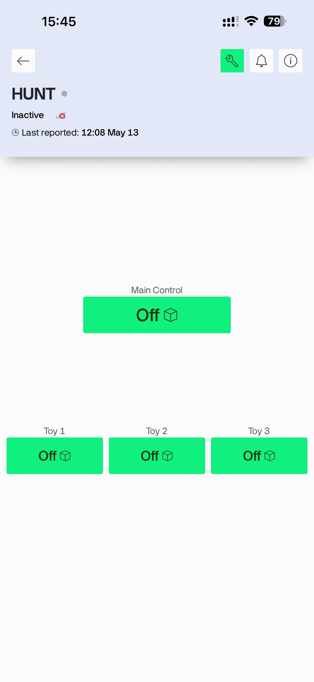 Blynk control dashboard for HUNT's master session and individual devices