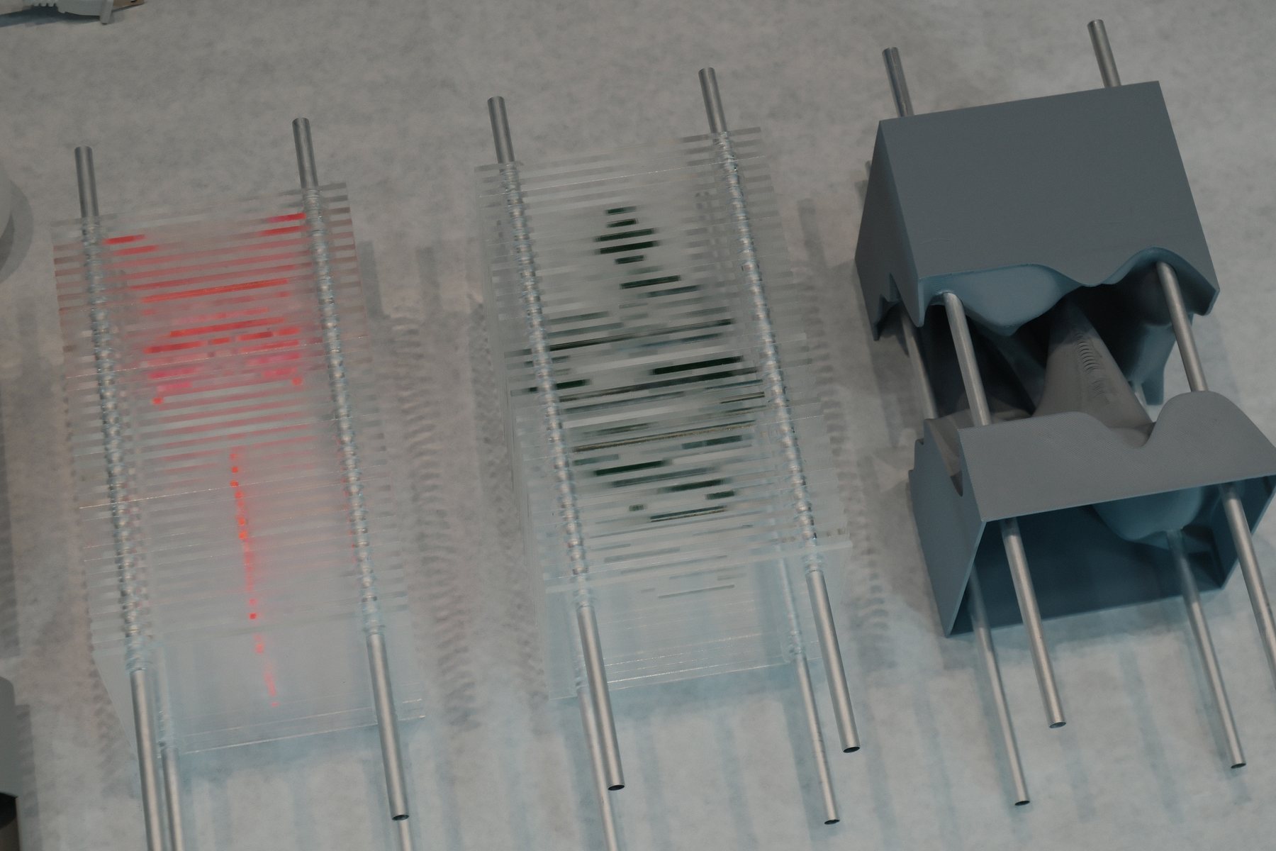 Three interchangeable pattern assemblies arranged side by side