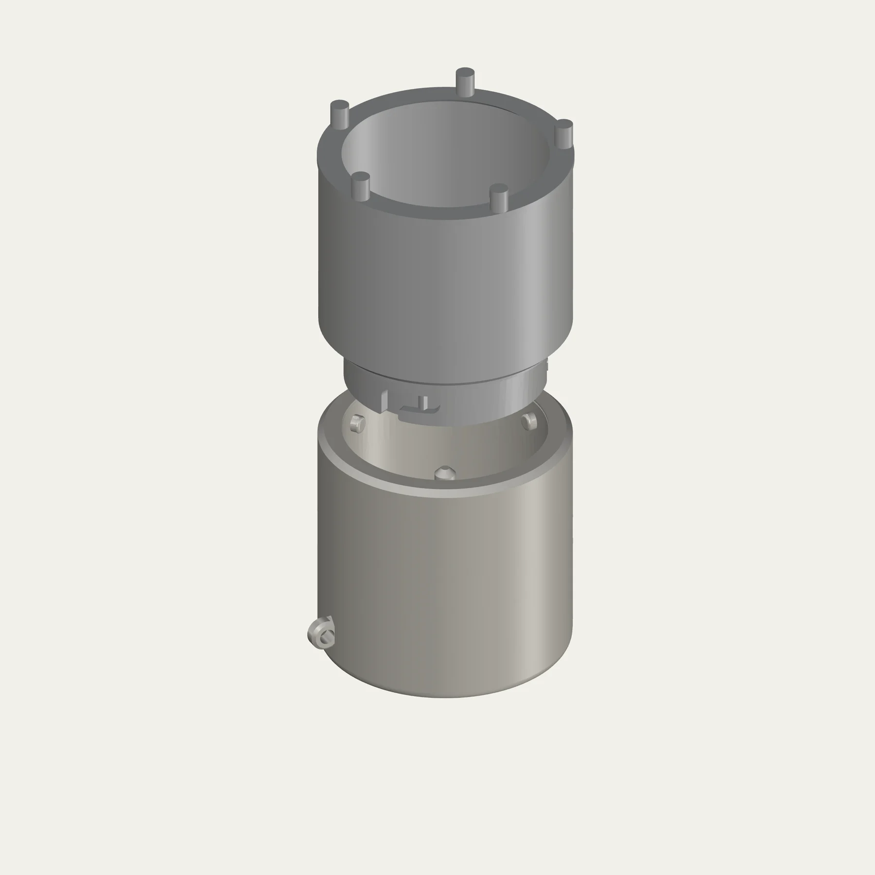 Current CAD: A identifies a recess at the inner body's lower edge; B identifies a matching protrusion inside the removable compartment