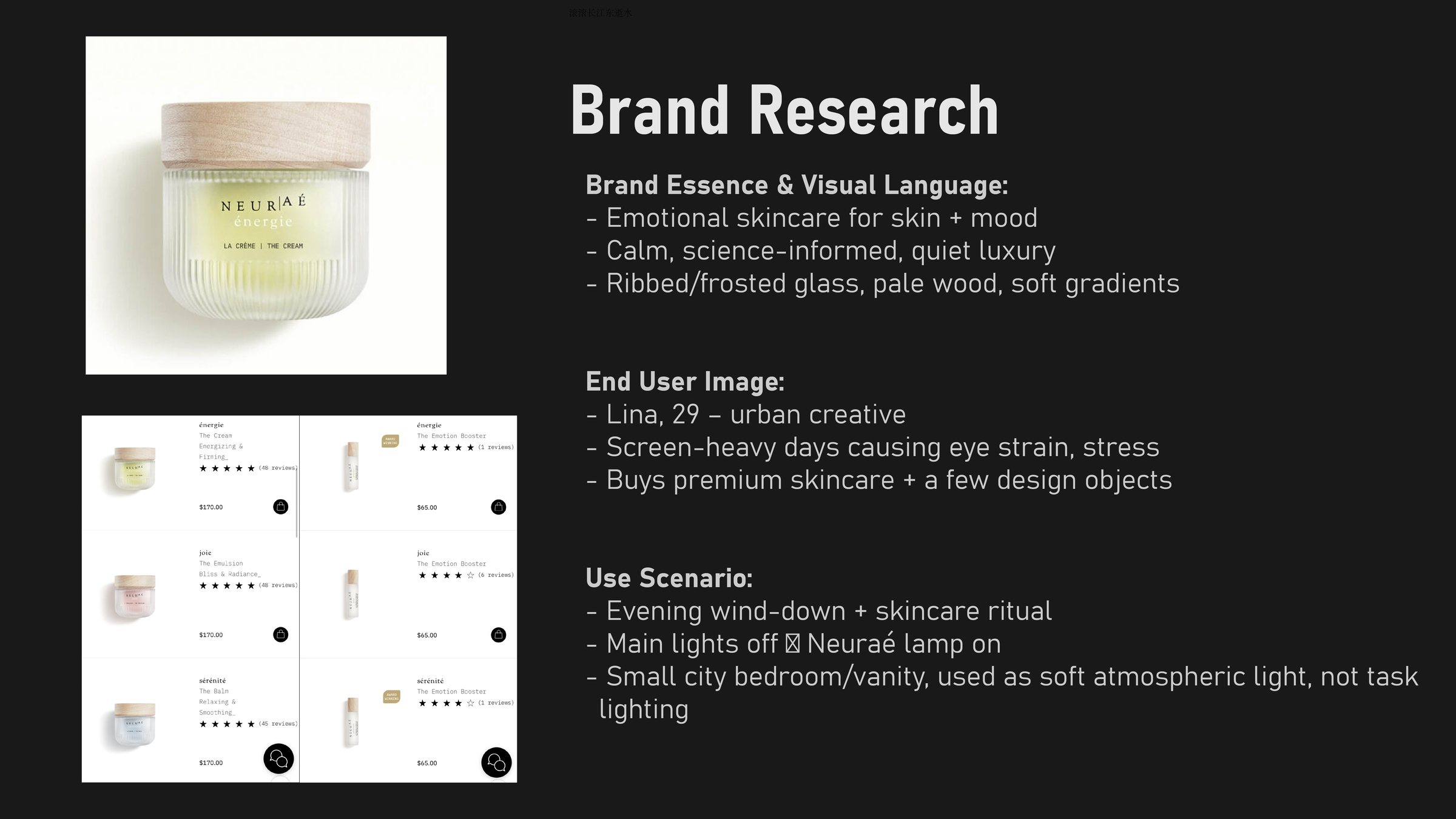 Student research board examining Neuraé's products and visual language alongside a proposed user persona and use scenario