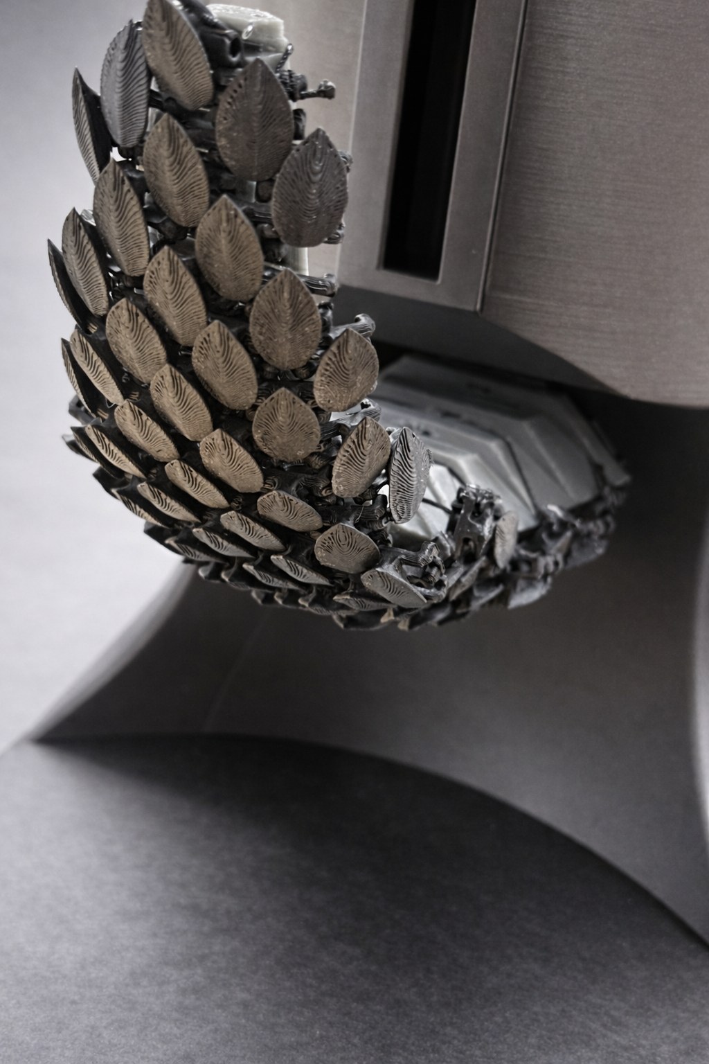 Close detail of the overlapping scale modules in the enclosed tail