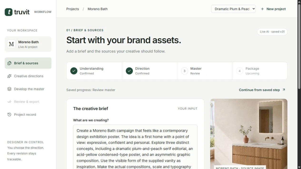 Truvit brief screen with the campaign objective, supplied vanity reference and saved progress