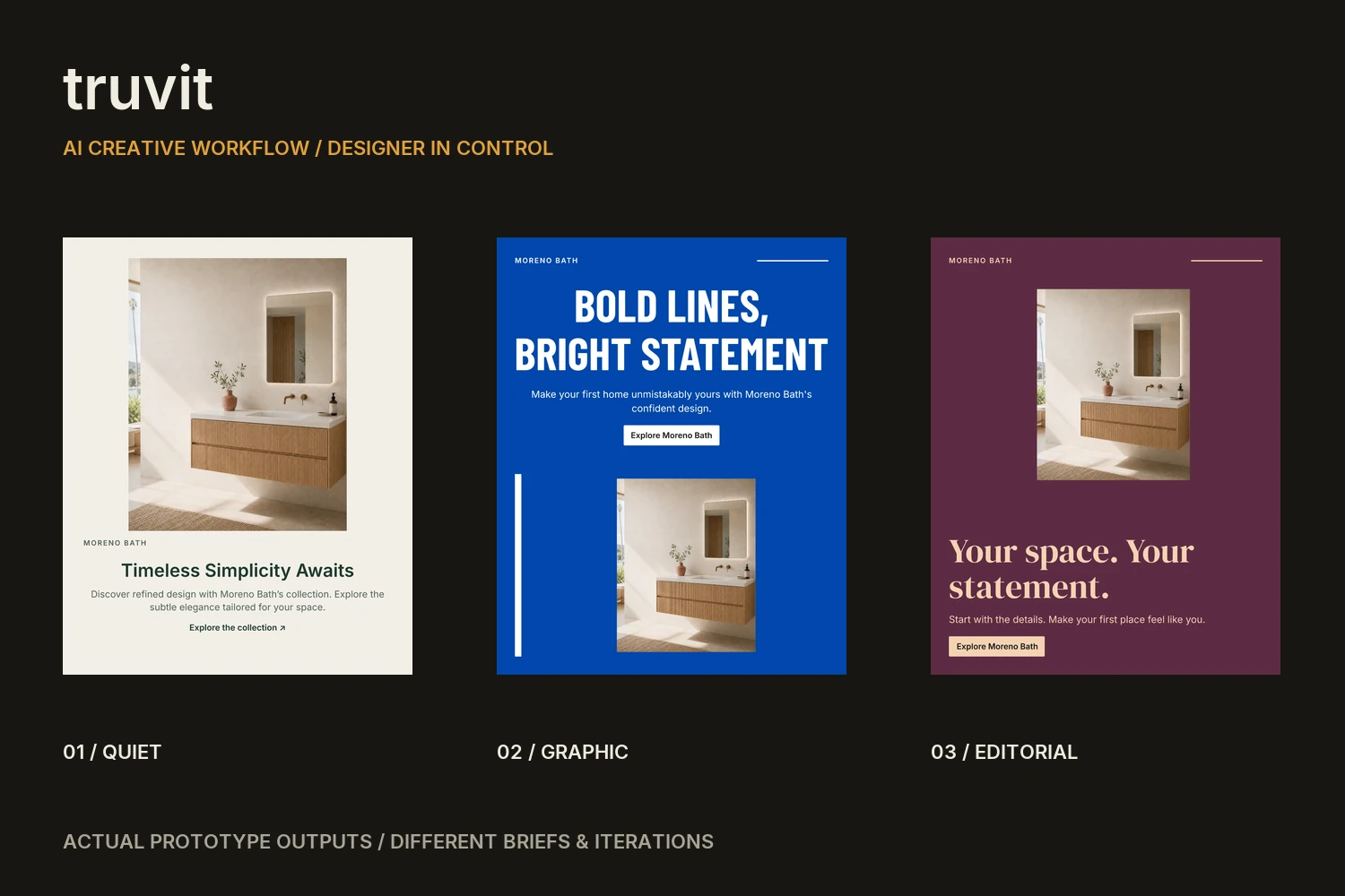 Truvit's actual neutral, cobalt and plum creative outputs, illustrating different briefs and art directions