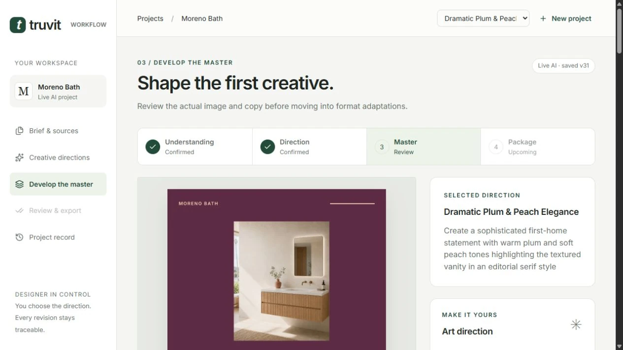 Truvit master screen showing the plum draft, selected direction and art-direction controls